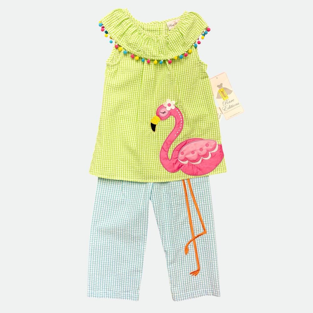 Girls Seersucker Flamingo Gingham Pom Pom Fringe 2 pc Tank Capri Set NWT Size 6